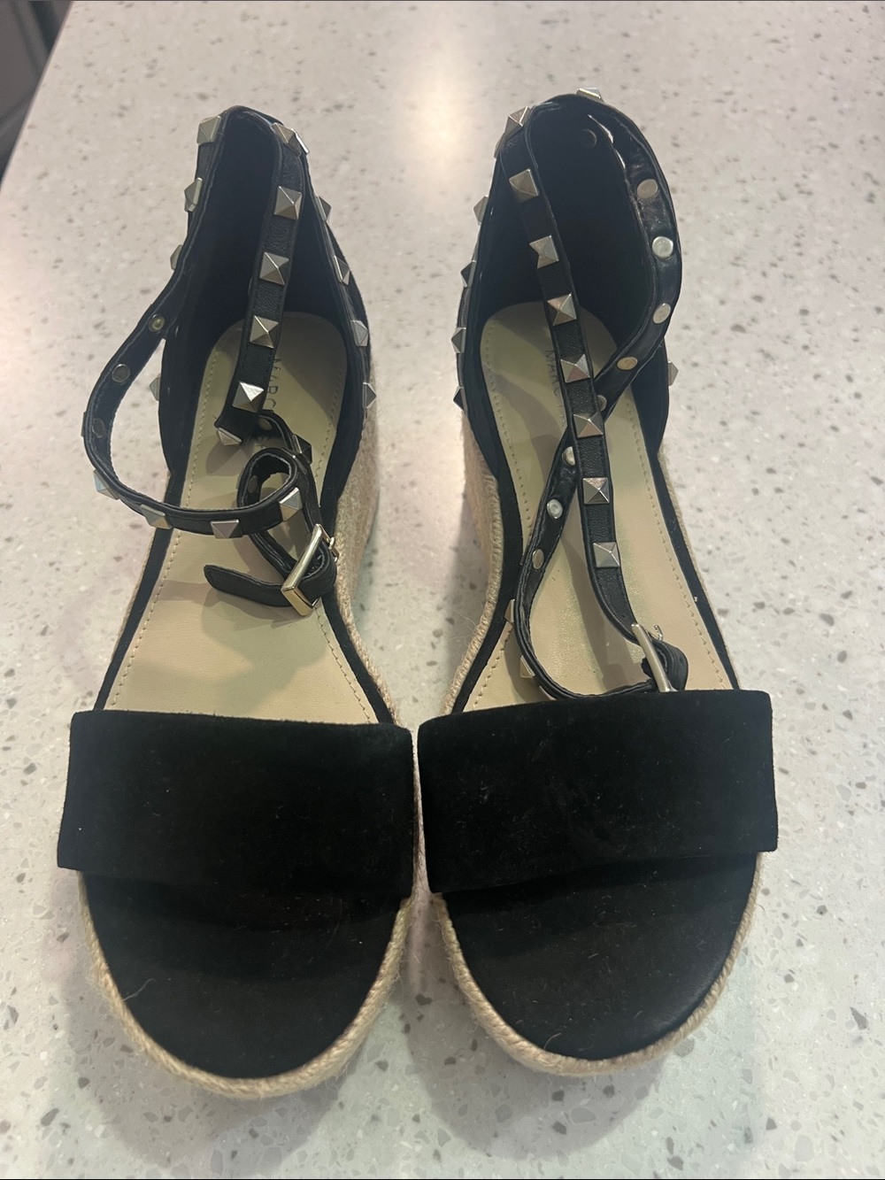 Marc Fisher Black Studded Espadrille Wedge Sandals with Ankle Straps